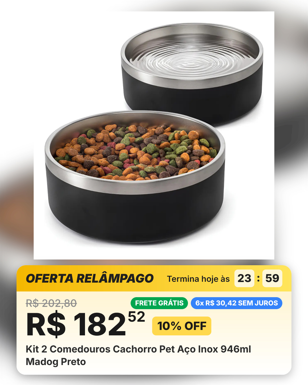 Kit 2 Comedouros Cachorro Pet Aço Inox 946ml Madog Preto