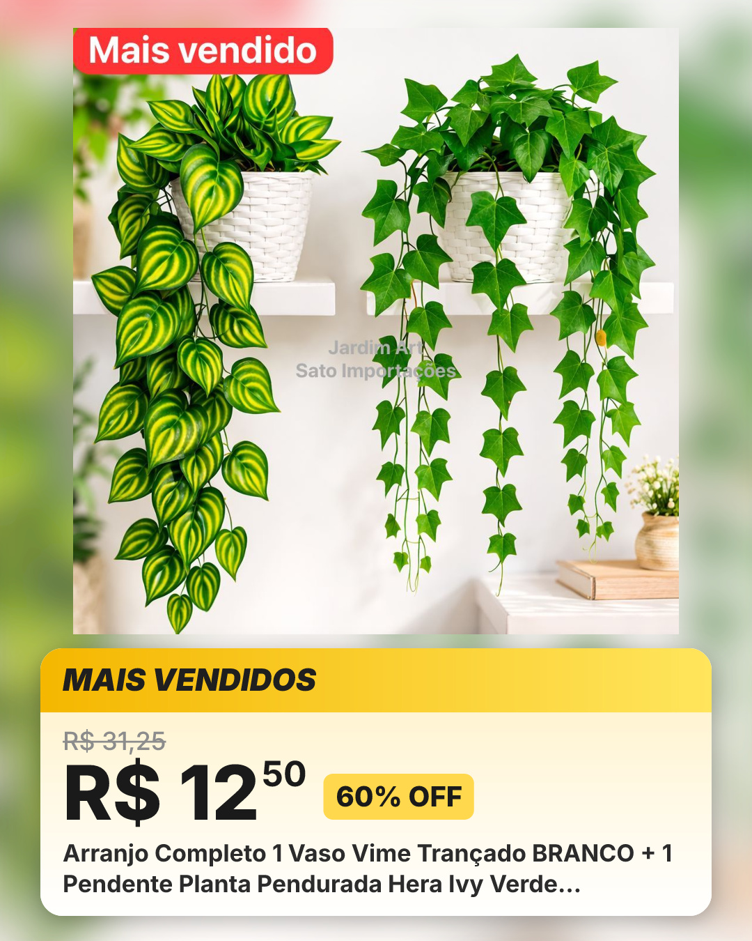 Arranjo Completo 1 Vaso Vime Trançado BRANCO + 1 Pendente Planta Pendurada Hera Ivy Verde PT11BRANCO
