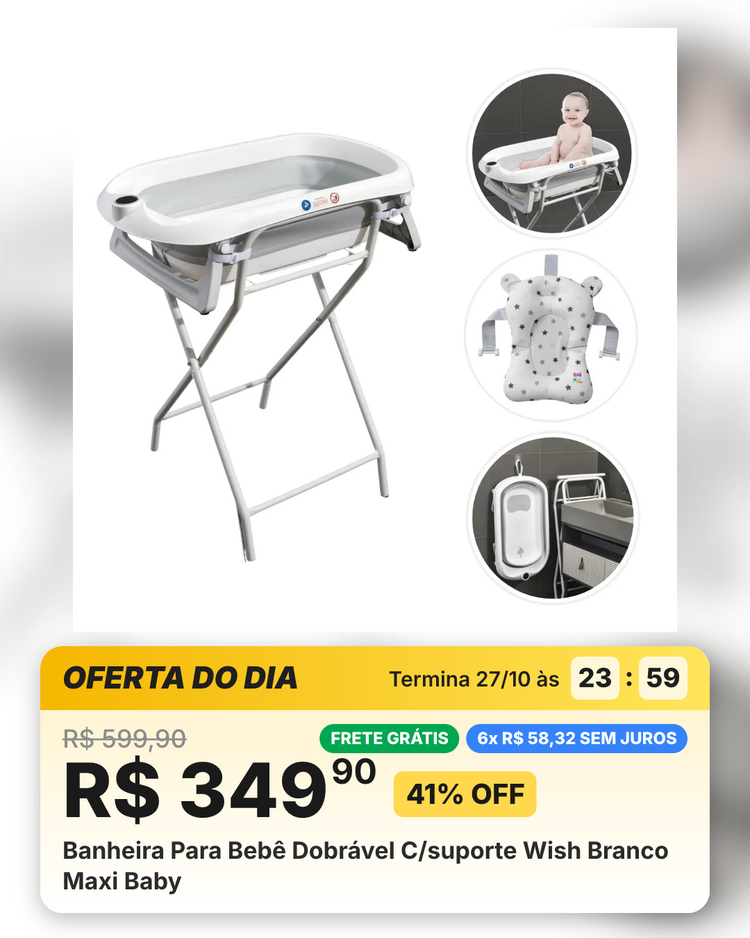 Banheira Para Bebê Dobrável C/suporte Wish Branco Maxi Baby