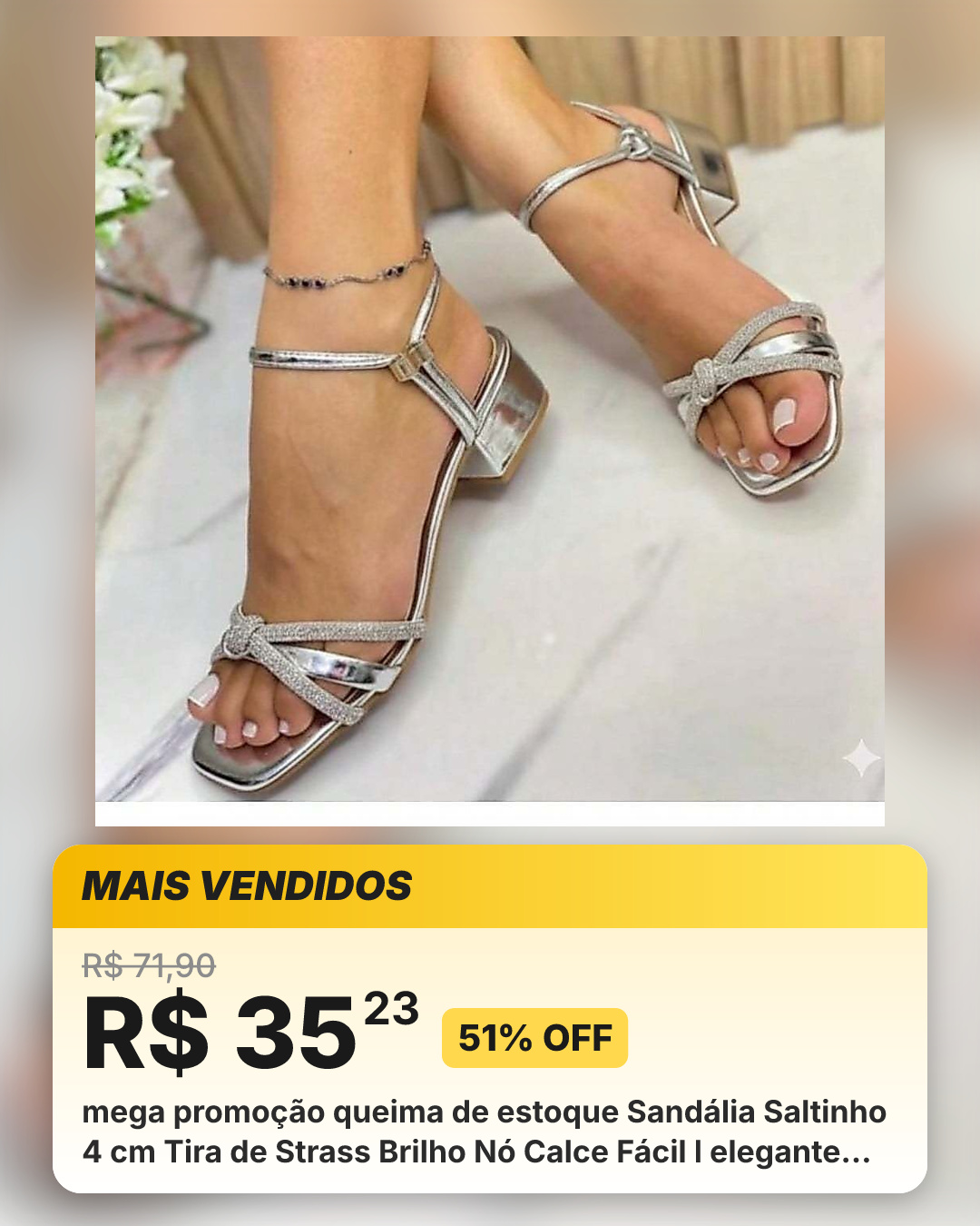 mega promoção queima de estoque Sandália Saltinho 4 cm Tira de Strass Brilho Nó Calce Fácil l elegante dia a dia