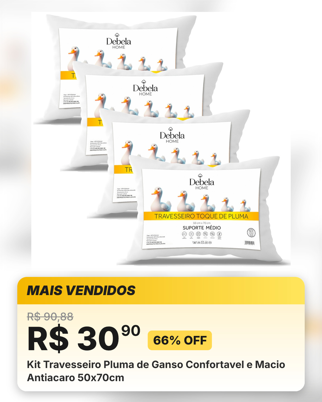 Kit Travesseiro Pluma de Ganso Confortavel e Macio Antiacaro 50x70cm