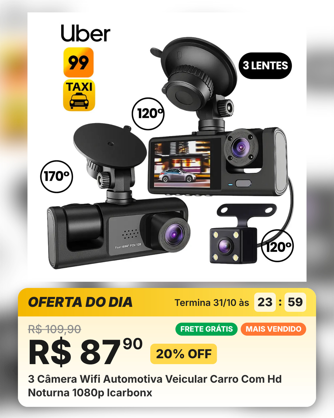3 Câmera Wifi Automotiva Veicular Carro Com Hd Noturna 1080p Icarbonx