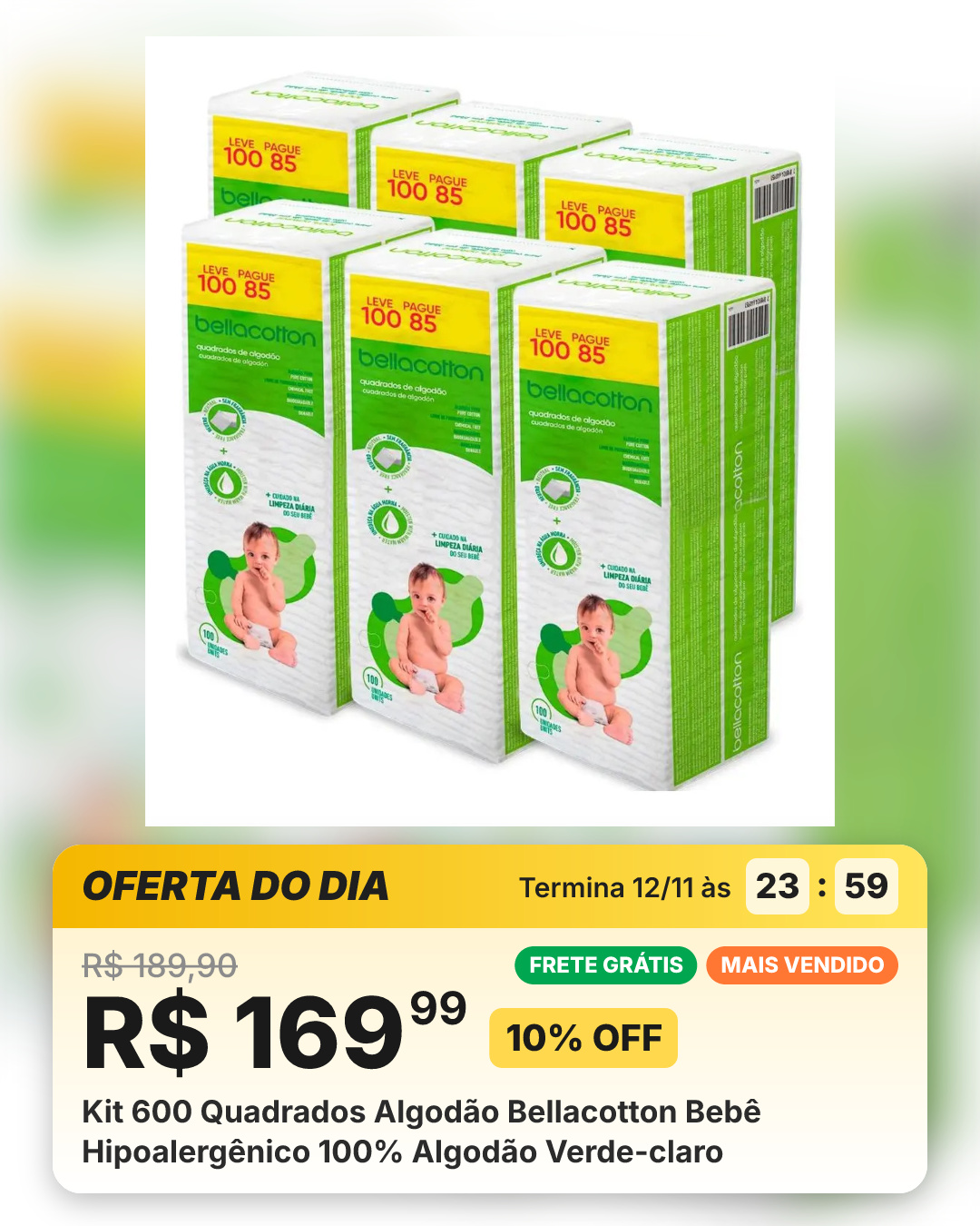 Kit 600 Quadrados Algodão Bellacotton Bebê Hipoalergênico 100% Algodão Verde-claro