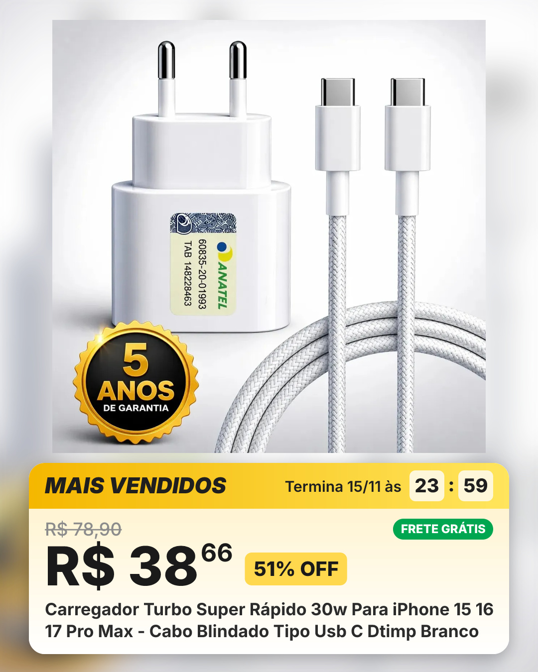 Carregador Turbo Super Rápido 30w Para iPhone 15 16 17 Pro Max - Cabo Blindado Tipo Usb C Dtimp Branco