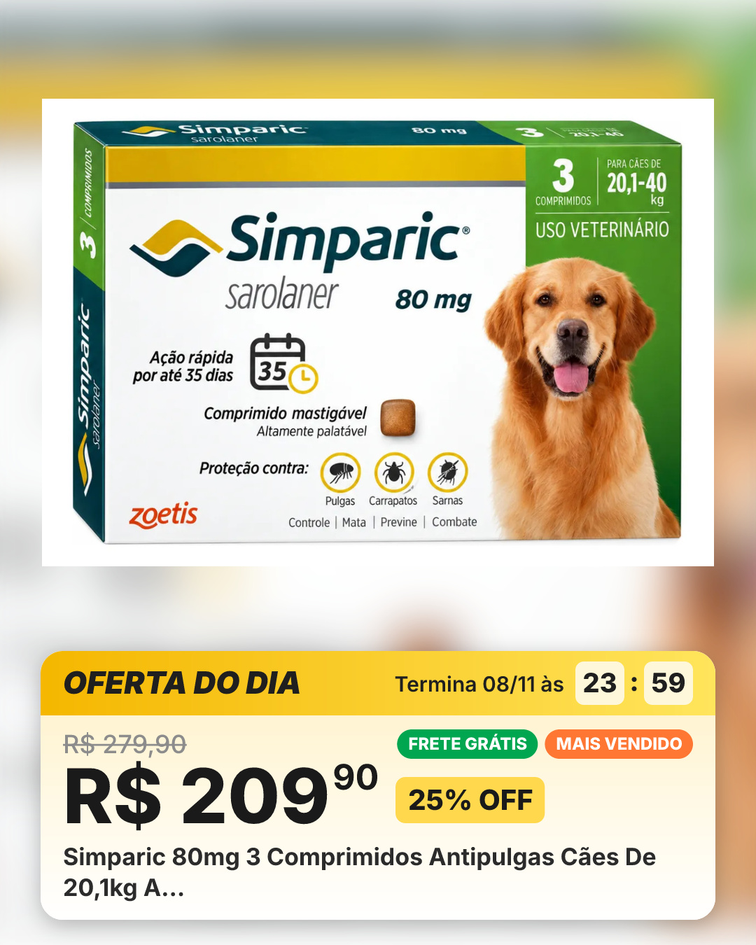 Simparic 80mg 3 Comprimidos Antipulgas Cães De 20,1kg A…