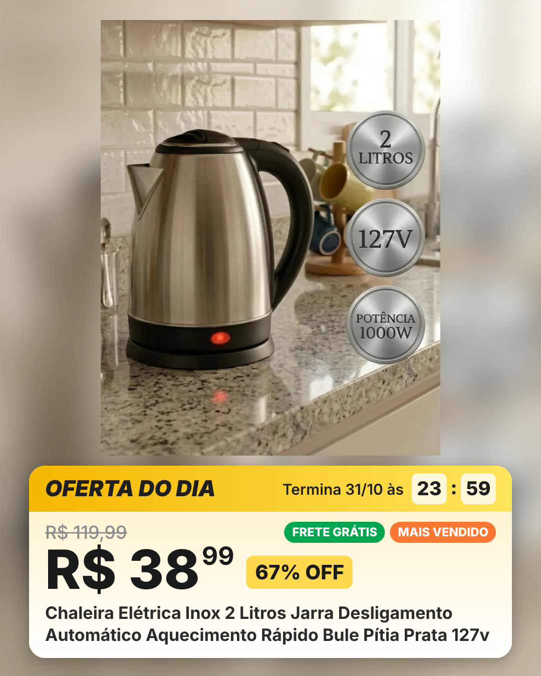 Chaleira Elétrica Inox 2 Litros Jarra Desligamento Automático Aquecimento Rápido Bule Pítia Prata 127v