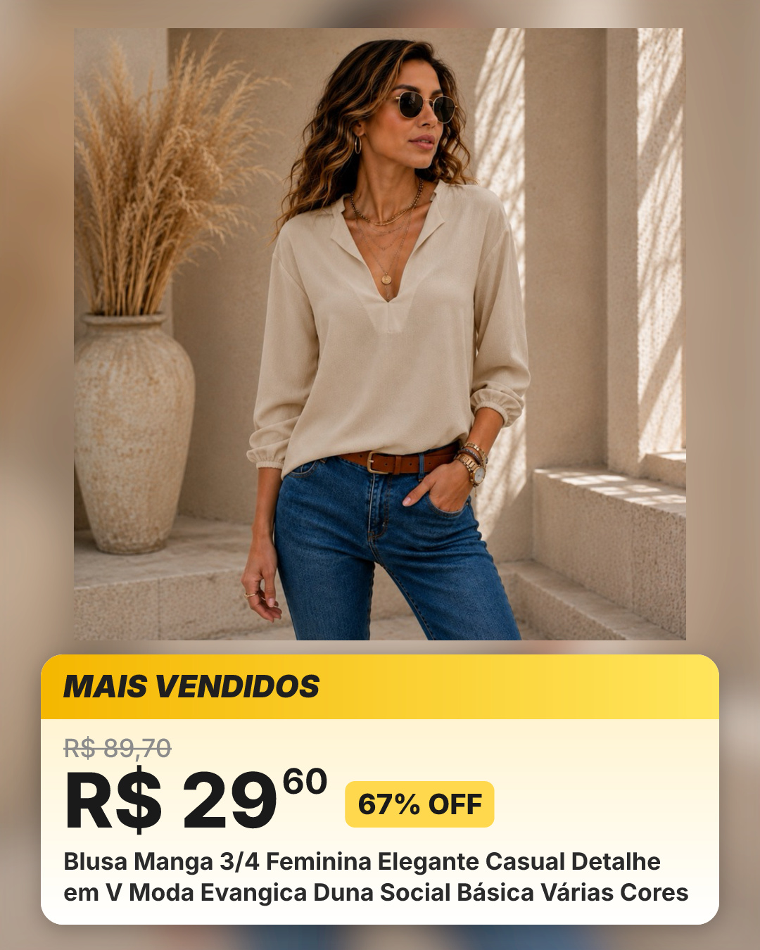 Blusa Manga 3/4 Feminina Elegante Casual Detalhe em V Moda Evangica Duna Social Básica Várias Cores
