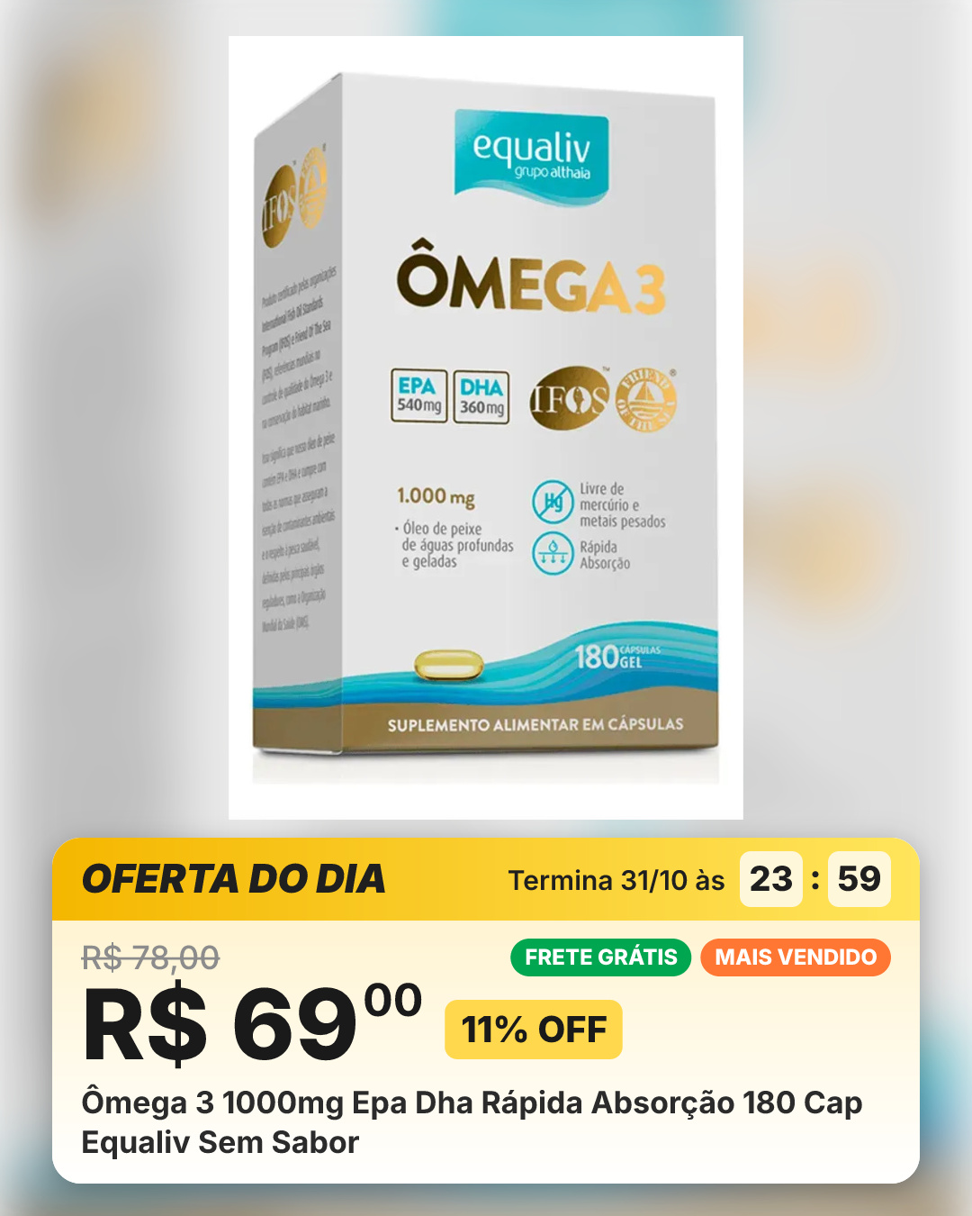 Ômega 3 1000mg Epa Dha Rápida Absorção 180 Cap Equaliv Sem Sabor