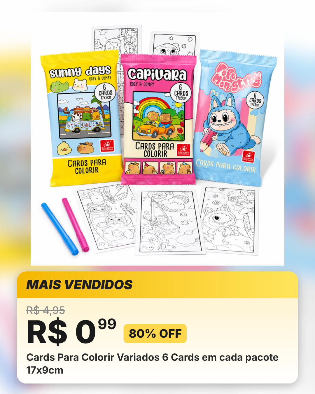 Cards Para Colorir Variados 6 Cards em cada pacote 17x9cm