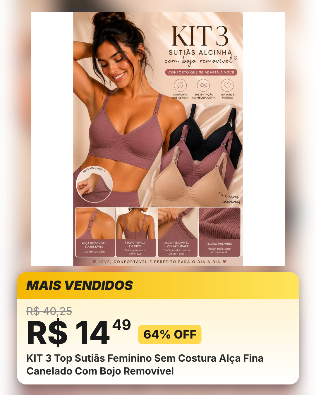KIT 3 Top Sutiãs Feminino Sem Costura Alça Fina Canelado Com Bojo Removível