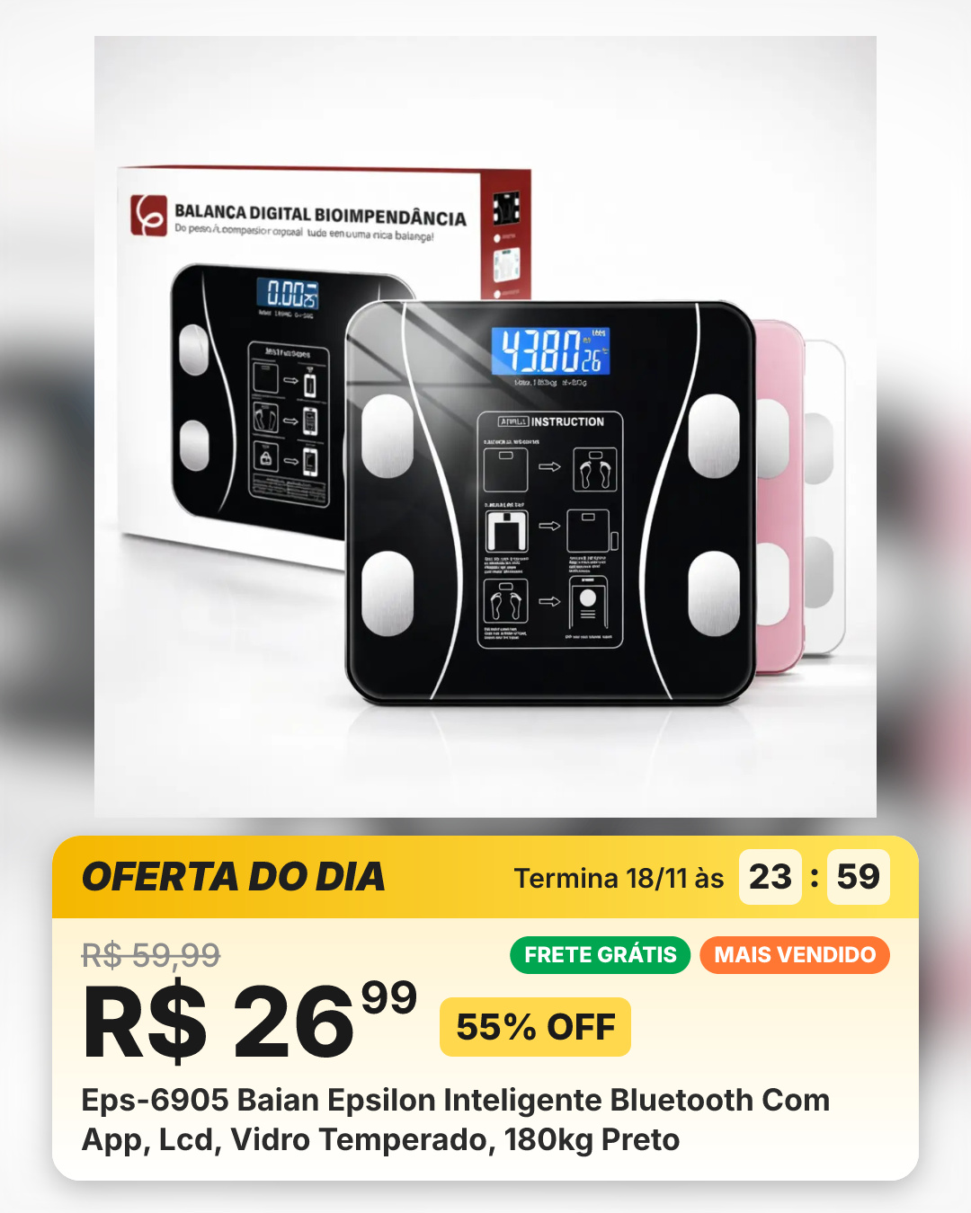 Eps-6905 Baian Epsilon Inteligente Bluetooth Com App, Lcd, Vidro Temperado, 180kg Preto
