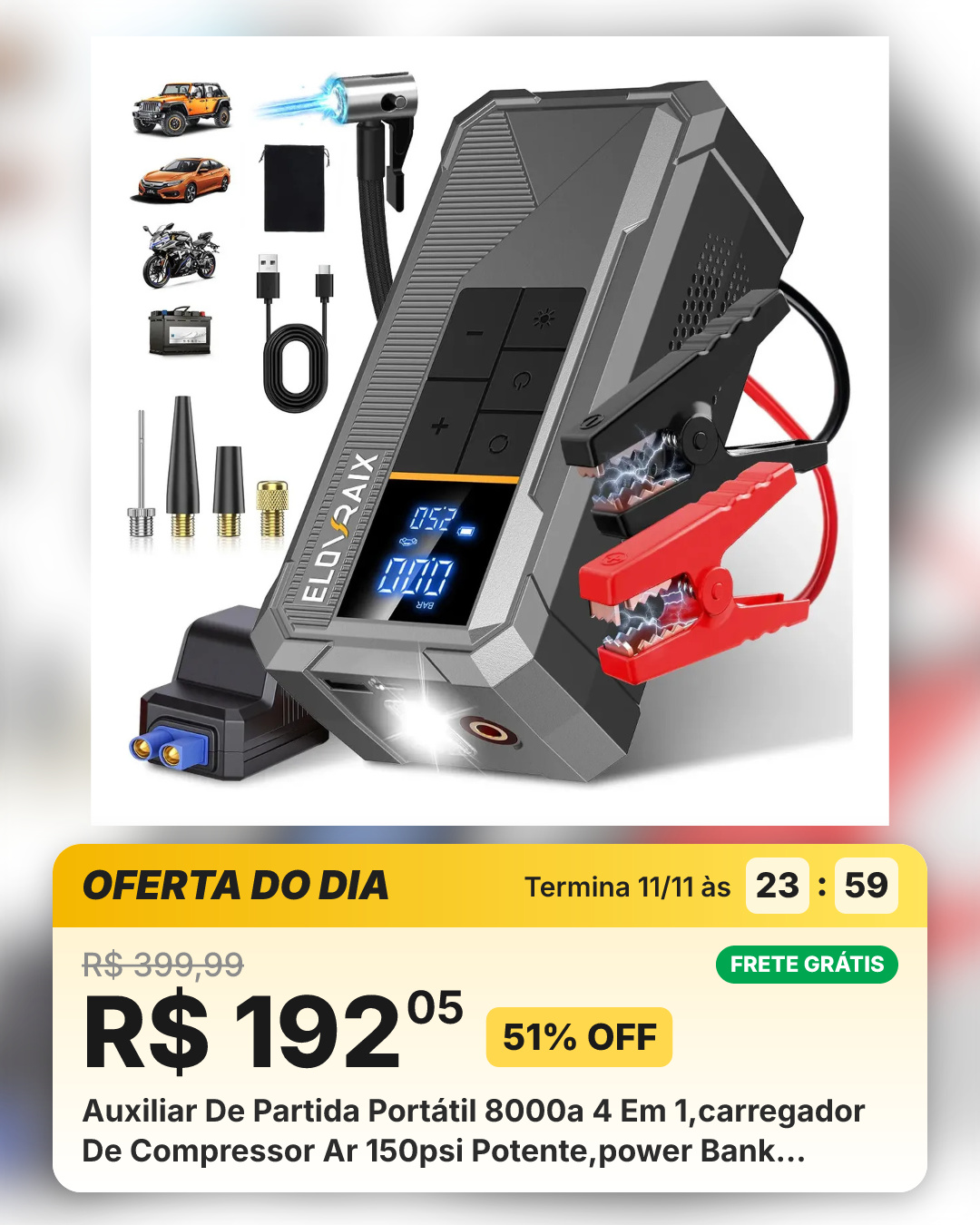 Auxiliar De Partida Portátil 8000a 4 Em 1,carregador De Compressor Ar 150psi Potente,power Bank 30000mah Emergências Carro,lanterna Led,display Digital,pinça Inteligente,para Moto,caminhão,veículos