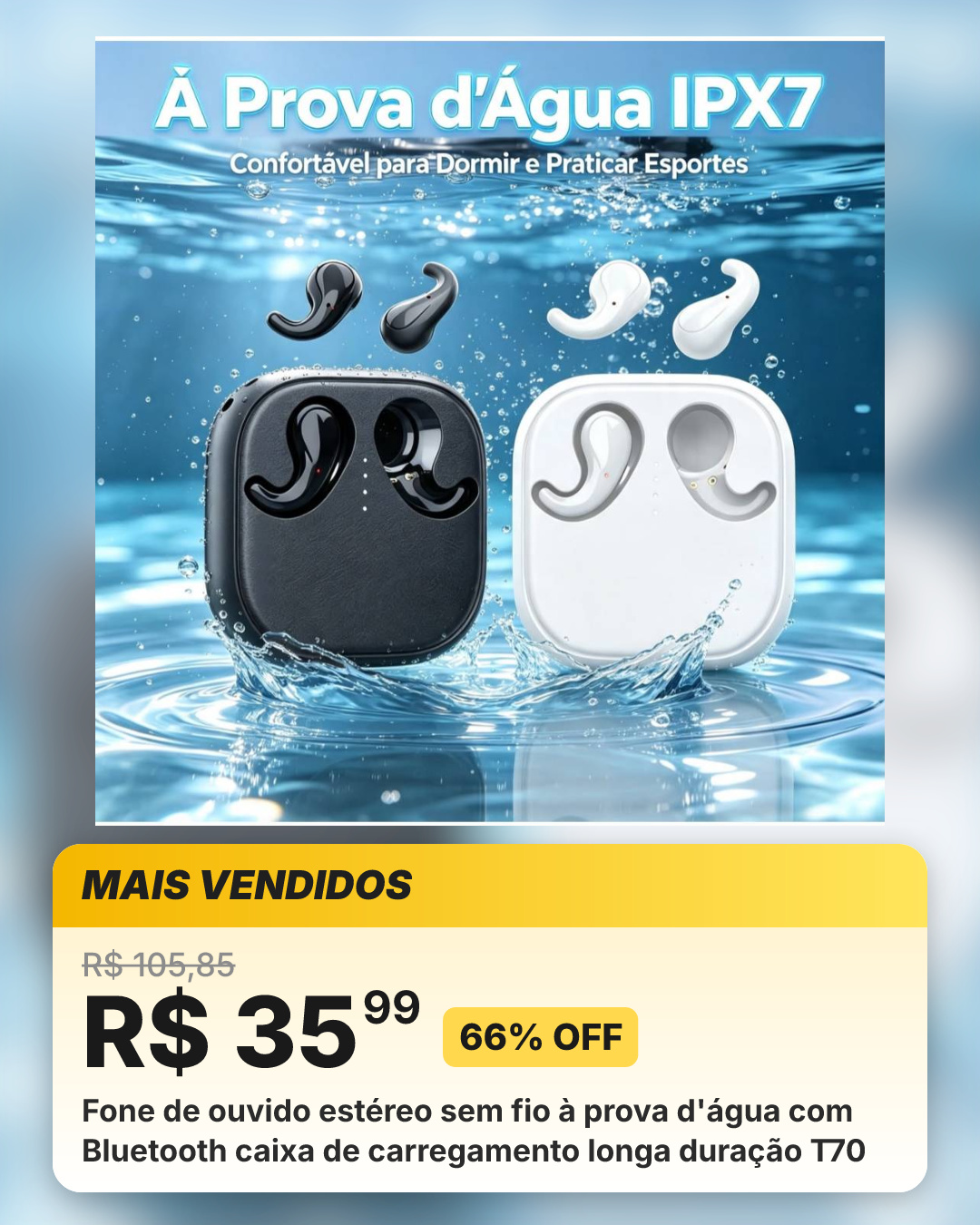 Fone de ouvido estéreo sem fio à prova d'água com Bluetooth caixa de carregamento longa duração T70
