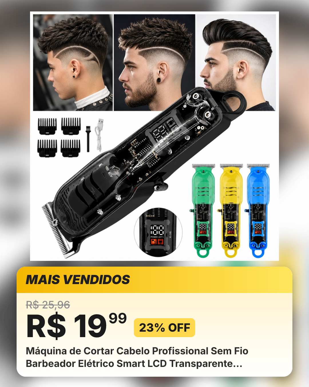 Máquina de Cortar Cabelo Profissional Sem Fio Barbeador Elétrico Smart LCD Transparente Recarregável Masculino