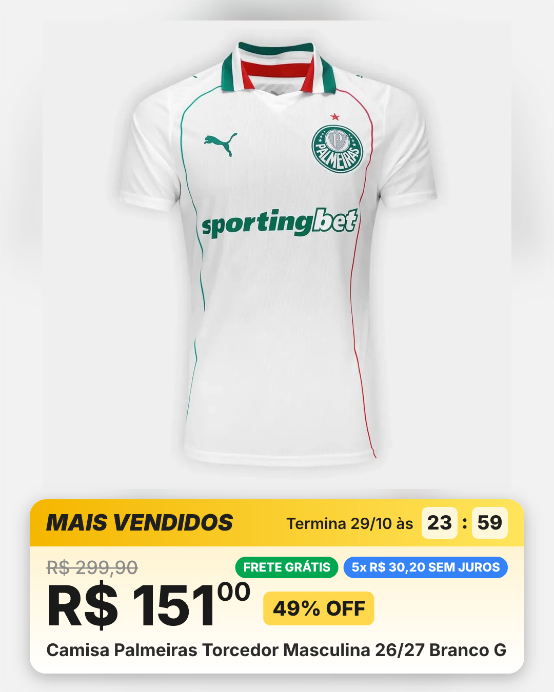 Camisa Palmeiras Torcedor Masculina 26/27 Branco G