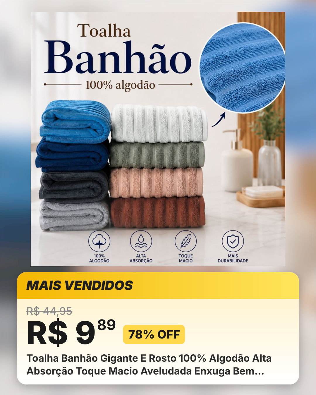 Toalha Banhão Gigante E Rosto 100% Algodão Alta Absorção Toque Macio Aveludada Enxuga Bem Wave Habitat