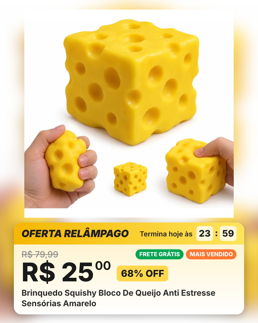 Brinquedo Squishy Bloco De Queijo Anti Estresse Sensórias Amarelo