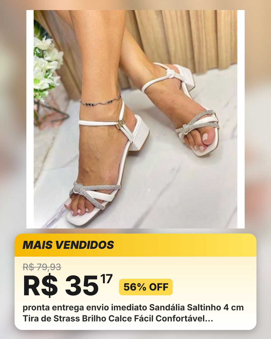 pronta entrega envio imediato Sandália Saltinho 4 cm Tira de Strass Brilho Calce Fácil Confortável elegante dia a dia