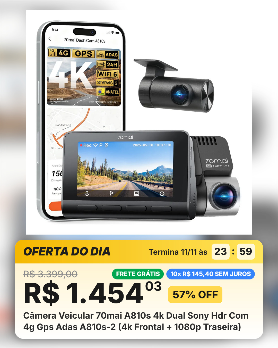 Câmera Veicular 70mai A810s 4k Dual Sony Hdr Com 4g Gps Adas A810s-2 (4k Frontal + 1080p Traseira)