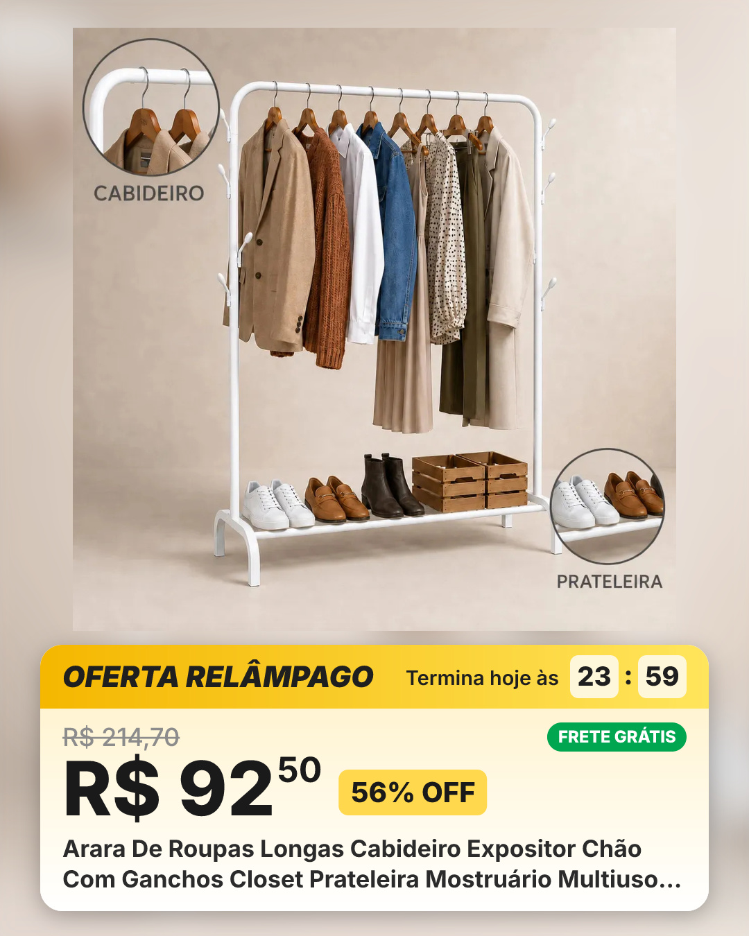 Arara De Roupas Longas Cabideiro Expositor Chão Com Ganchos Closet Prateleira Mostruário Multiuso Aço Branco