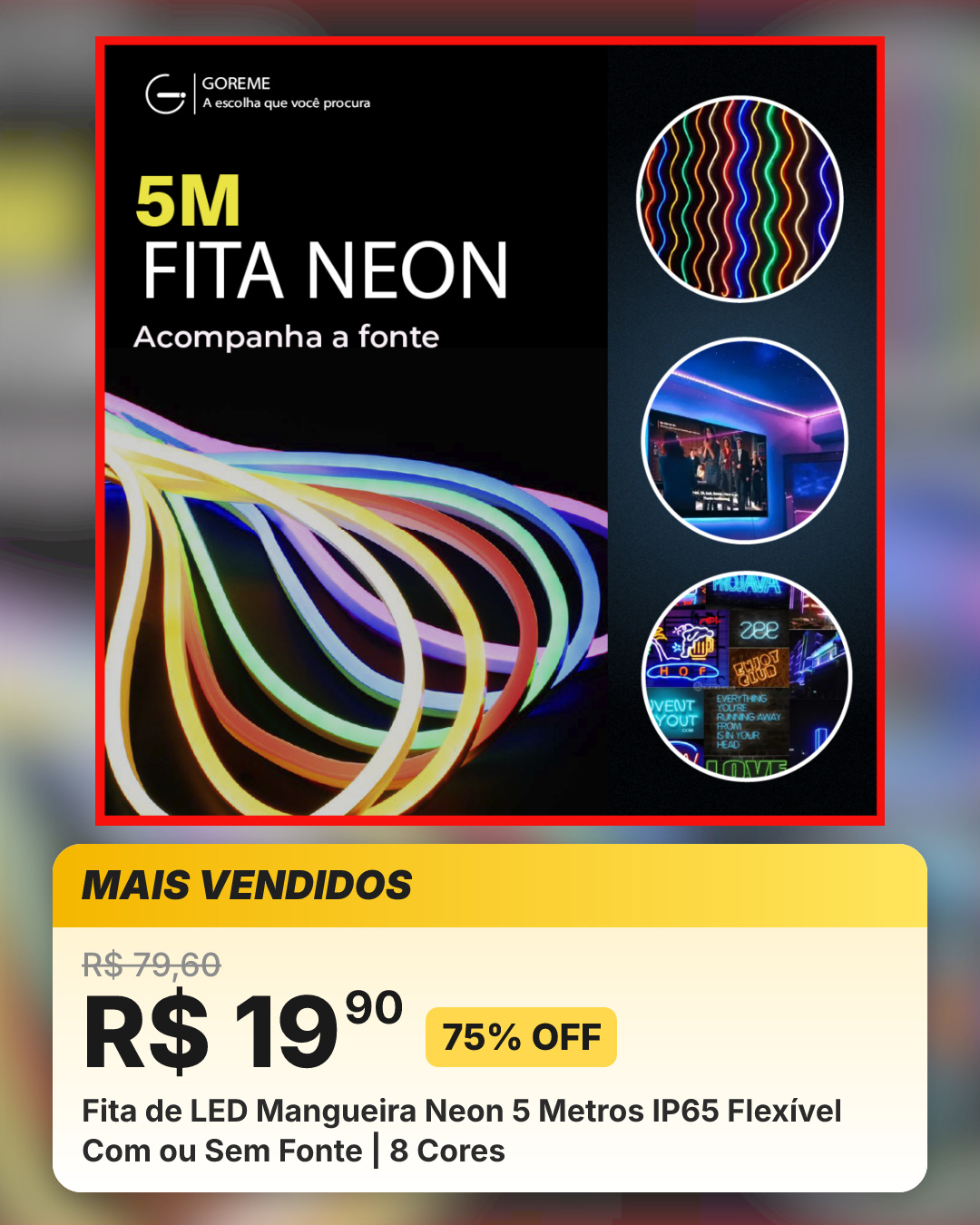 Fita de LED Mangueira Neon 5 Metros IP65 Flexível Com ou Sem Fonte | 8 Cores