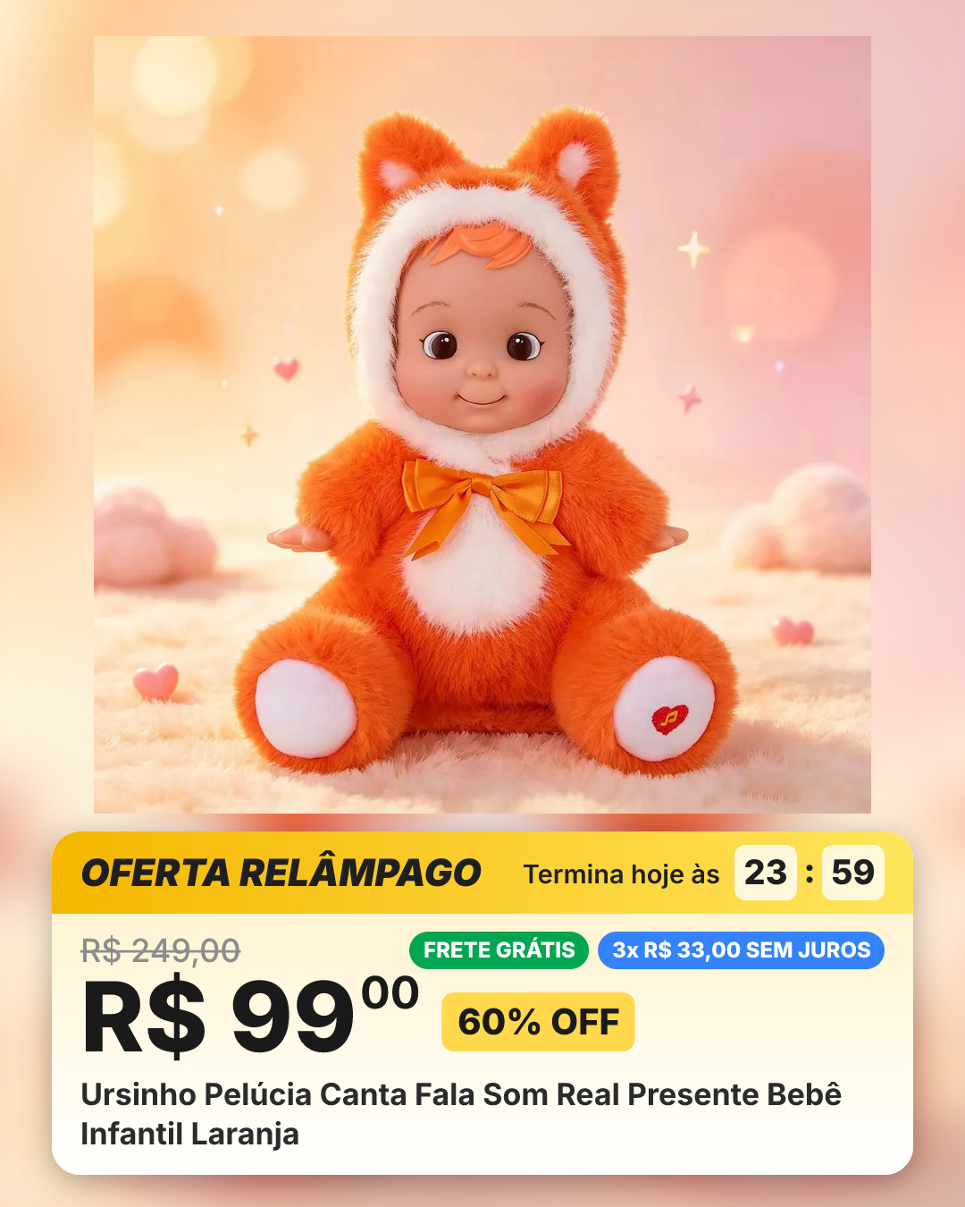 Ursinho Pelúcia Canta Fala Som Real Presente Bebê Infantil Laranja
