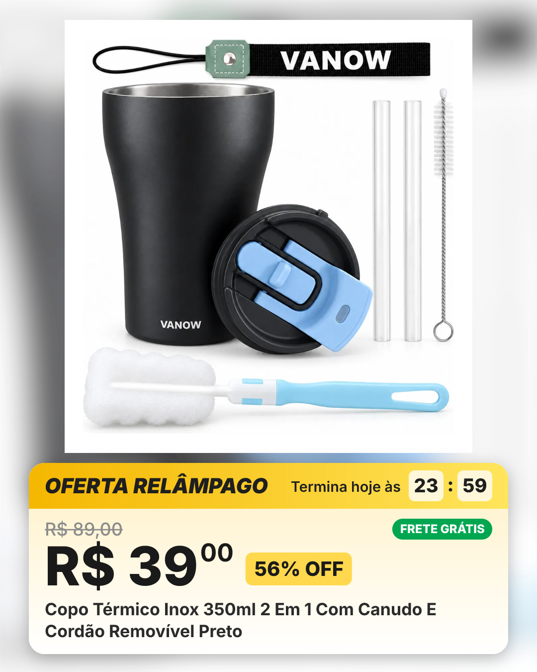 Copo Térmico Inox 350ml 2 Em 1 Com Canudo E Cordão Removível Preto