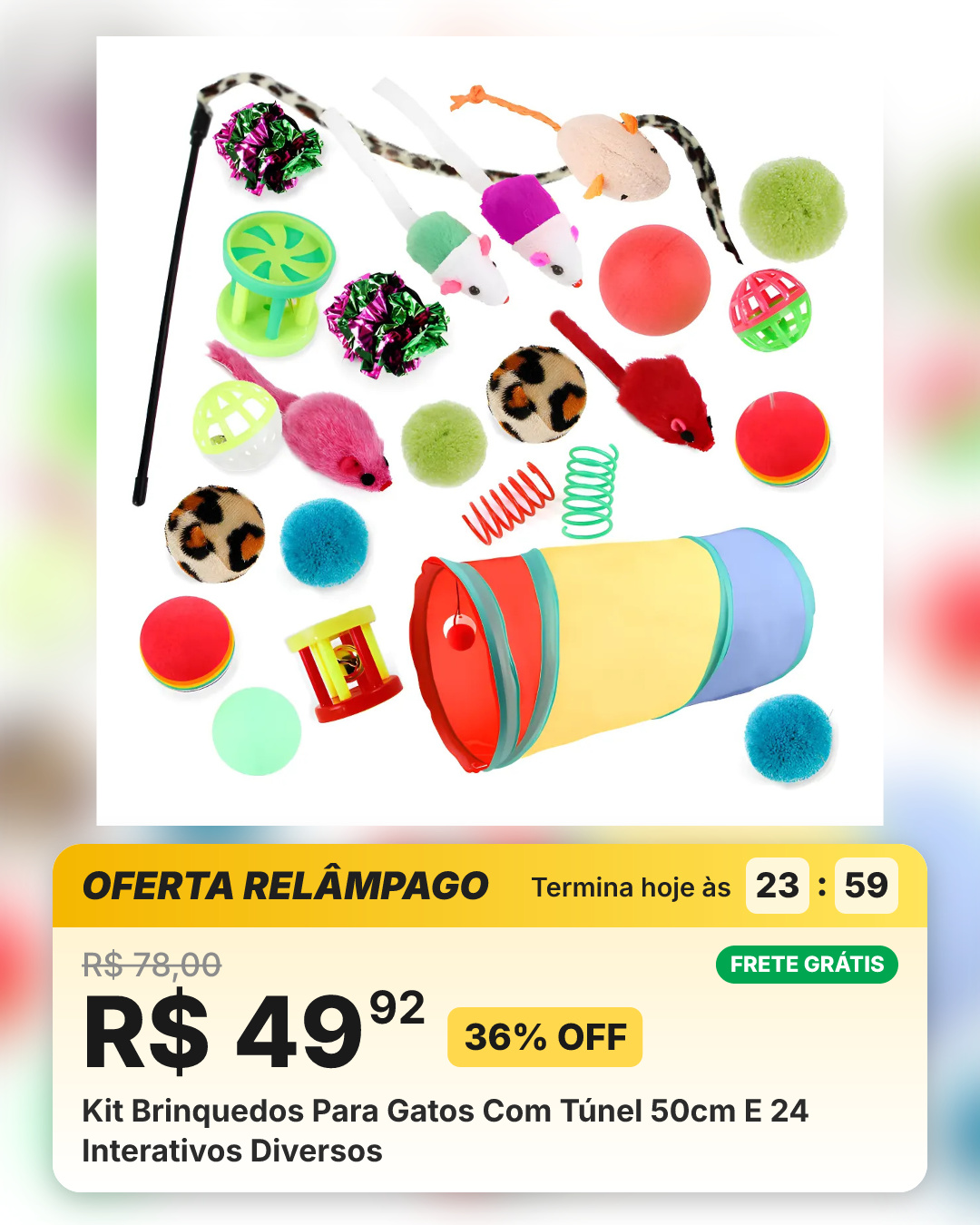 Kit Brinquedos Para Gatos Com Túnel 50cm E 24 Interativos Diversos