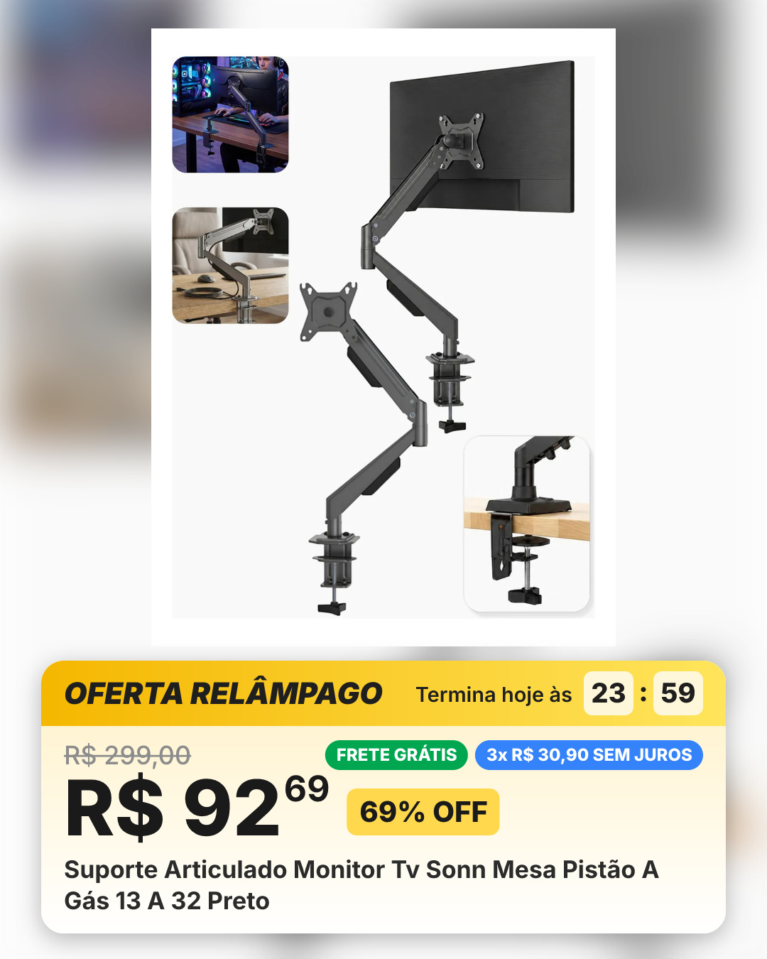 Suporte Articulado Monitor Tv Sonn Mesa Pistão A Gás 13 A 32 Preto