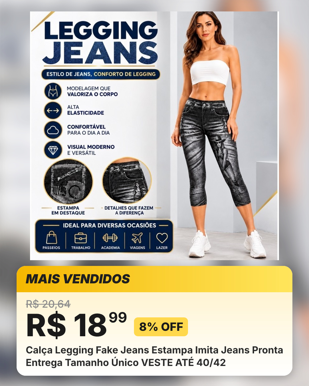 Calça Legging Fake Jeans Estampa Imita Jeans Pronta Entrega Tamanho Único VESTE ATÉ 40/42