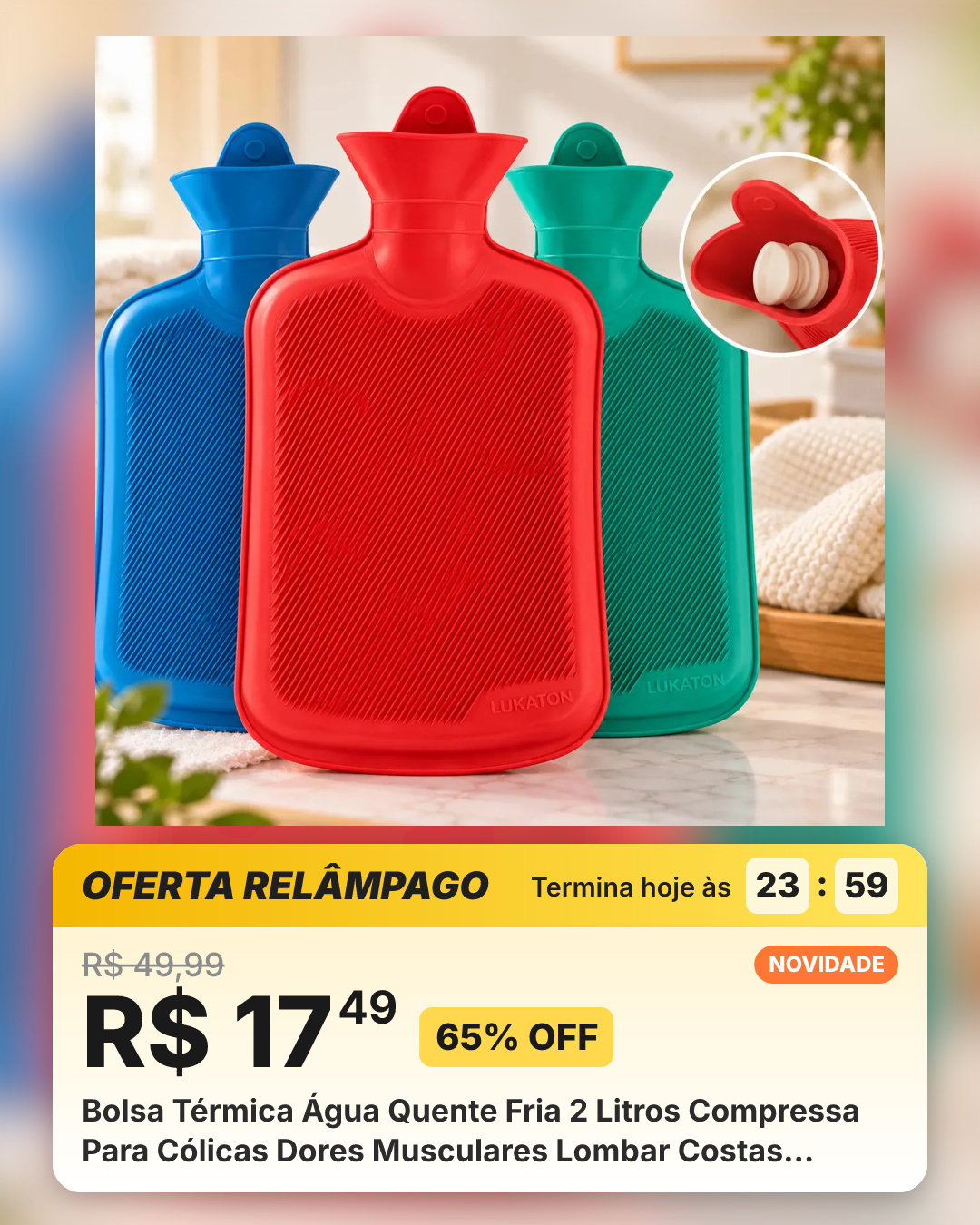 Bolsa Térmica Água Quente Fria 2 Litros Compressa Para Cólicas Dores Musculares Lombar Costas Pescoço Borracha Reutilizável Lukaton