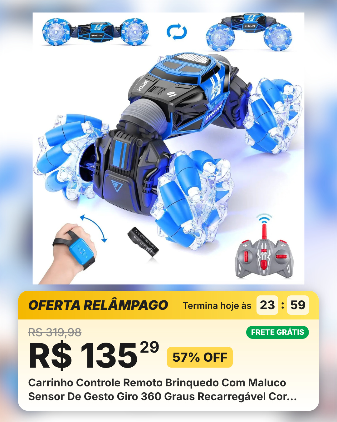 Carrinho Controle Remoto Brinquedo Com Maluco Sensor De Gesto Giro 360 Graus Recarregável Cor Azul 1:16 Zavanese