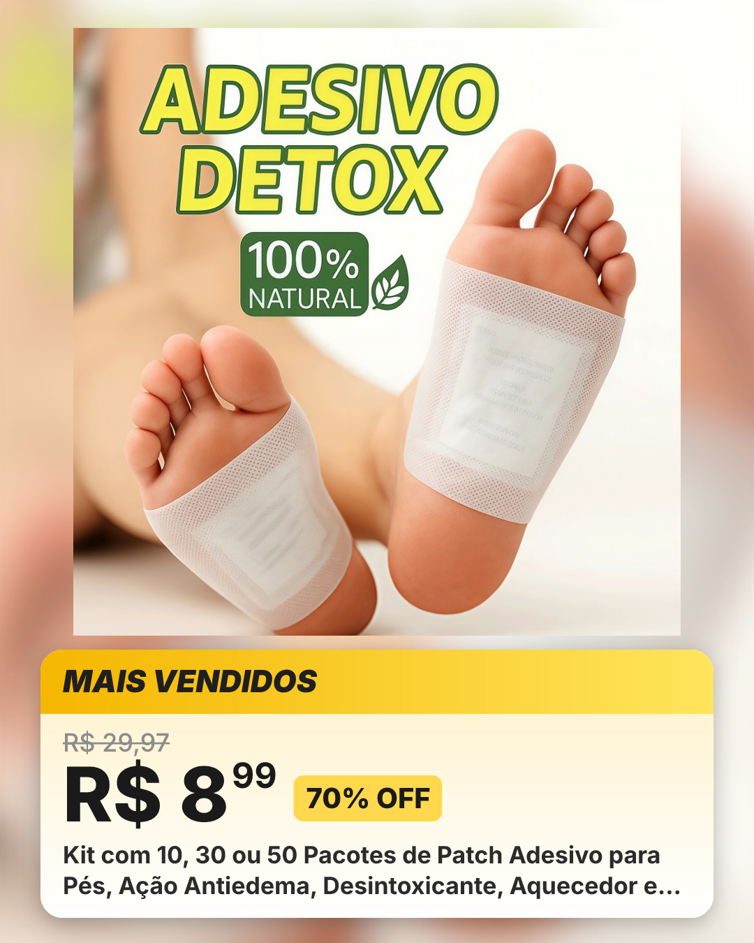 Kit com 10, 30 ou 50 Pacotes de Patch Adesivo para Pés, Ação Antiedema, Desintoxicante, Aquecedor e Purificador