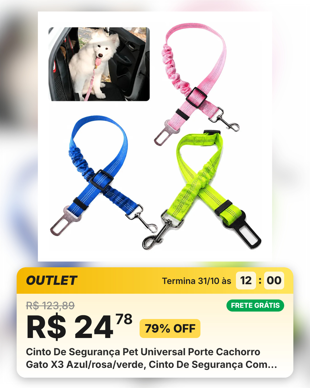 Cinto De Segurança Pet Universal Porte Cachorro Gato X3 Azul/rosa/verde, Cinto De Segurança Com Mosquetão Ajustável, Proteção Em Viagens Ajustável De 47 Cm - 70 Cm Ajustável De 47 Cm - 70 Cm