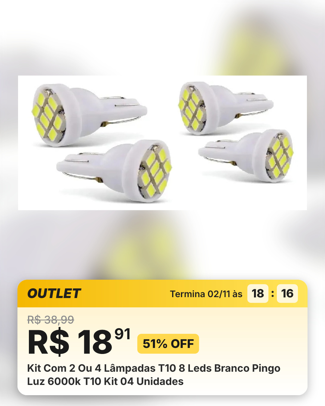 Kit Com 2 Ou 4 Lâmpadas T10 8 Leds Branco Pingo Luz 6000k T10 Kit 04 Unidades
