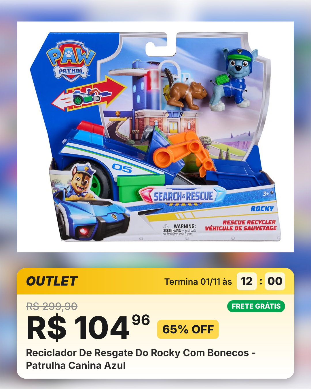 Reciclador De Resgate Do Rocky Com Bonecos - Patrulha Canina Azul