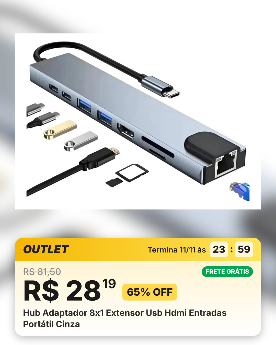 Hub Adaptador 8x1 Extensor Usb Hdmi Entradas Portátil Cinza