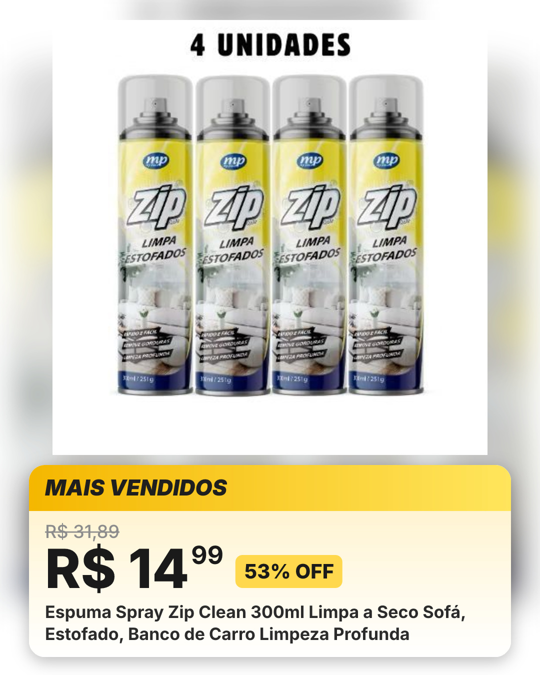 Espuma Spray Zip Clean 300ml Limpa a Seco Sofá, Estofado, Banco de Carro Limpeza Profunda