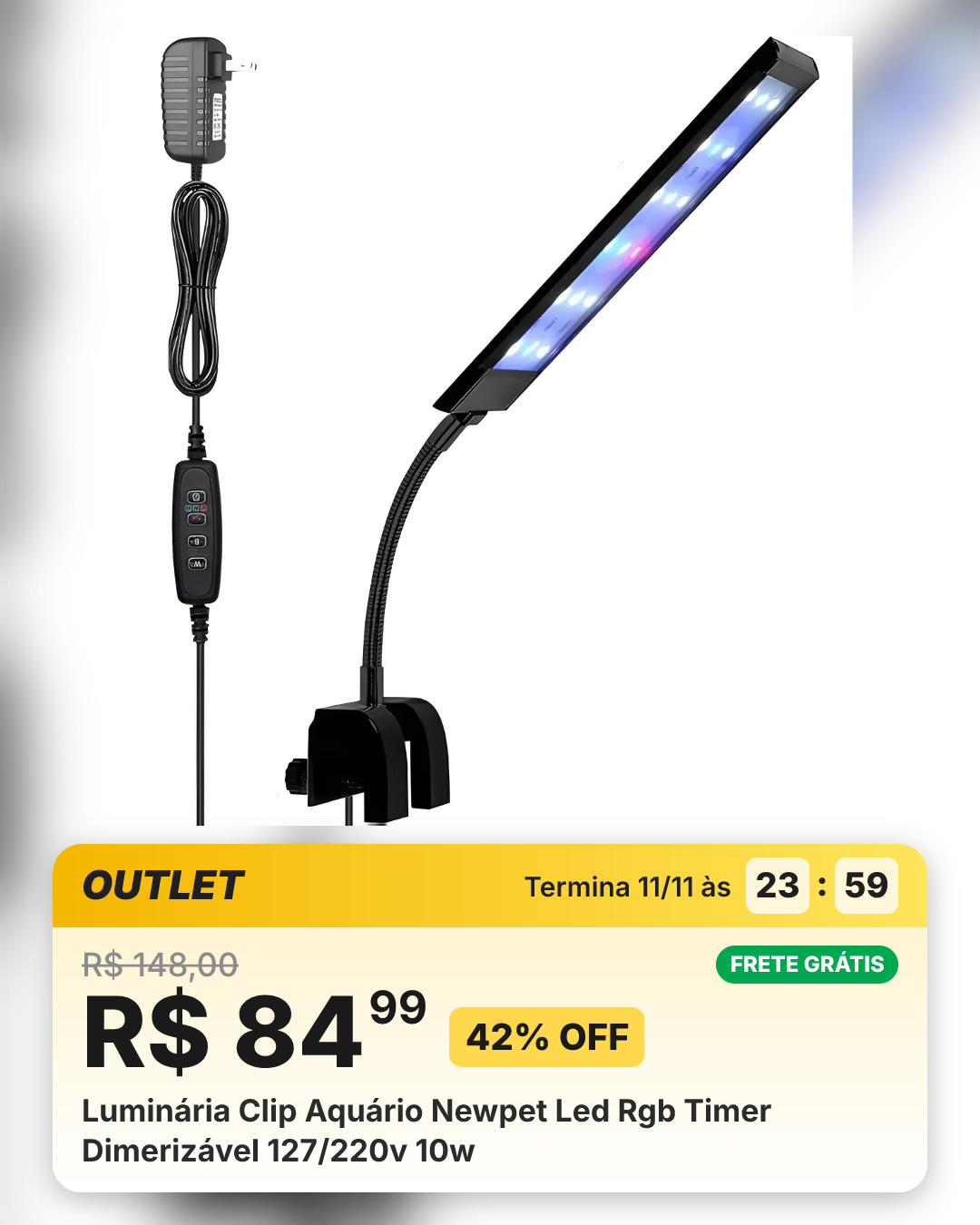 Luminária Clip Aquário Newpet Led Rgb Timer Dimerizável 127/220v 10w