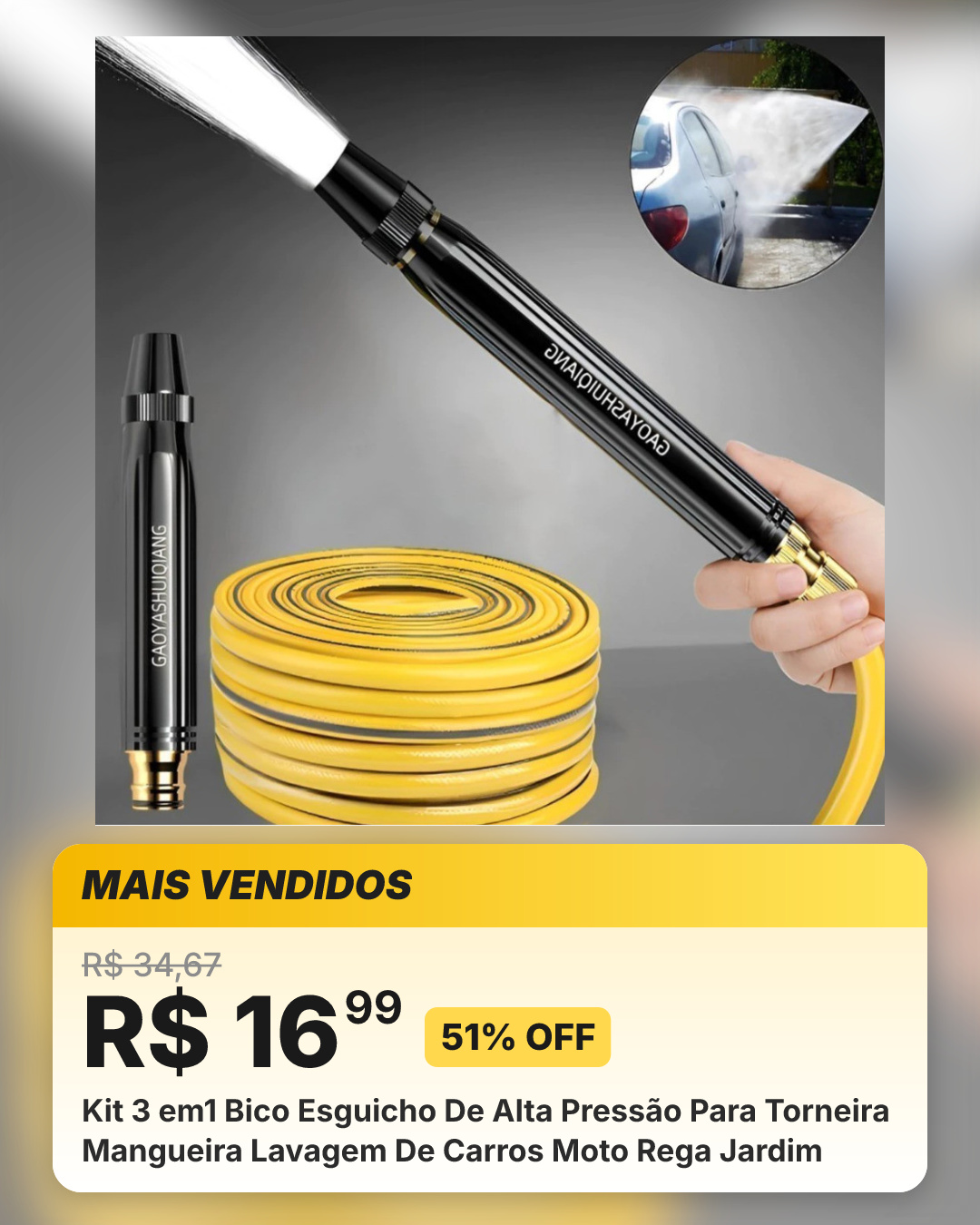 Kit 3 em1 Bico Esguicho De Alta Pressão Para Torneira Mangueira Lavagem De Carros Moto Rega Jardim