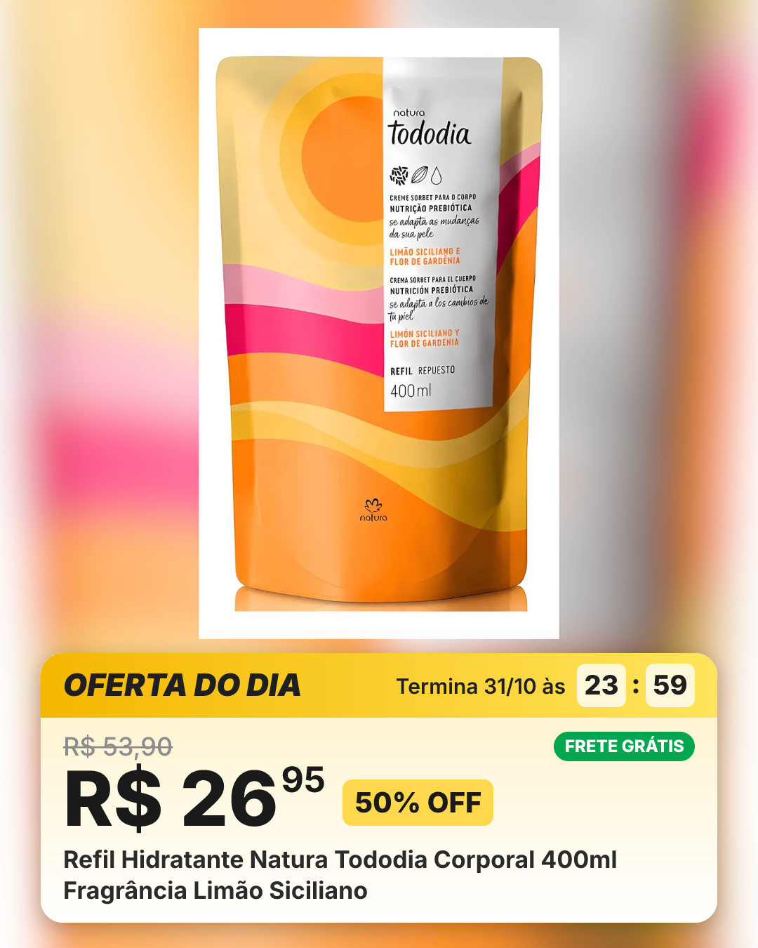 Refil Hidratante Natura Tododia Corporal 400ml Fragrância Limão Siciliano