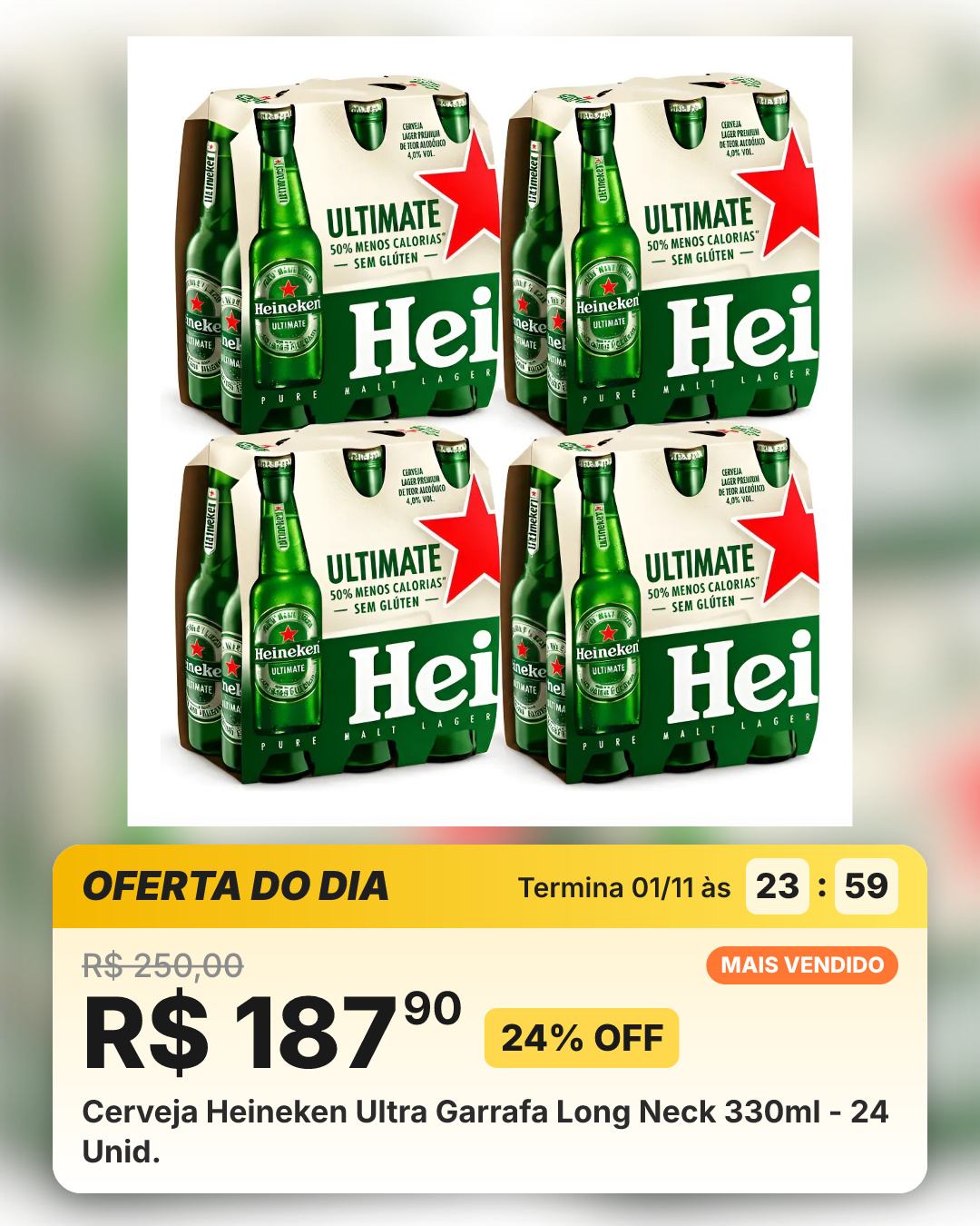 Cerveja Heineken Ultra Garrafa Long Neck 330ml - 24 Unid.