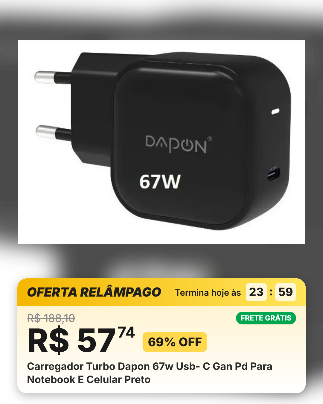 Carregador Turbo Dapon 67w Usb- C Gan Pd Para Notebook E Celular Preto