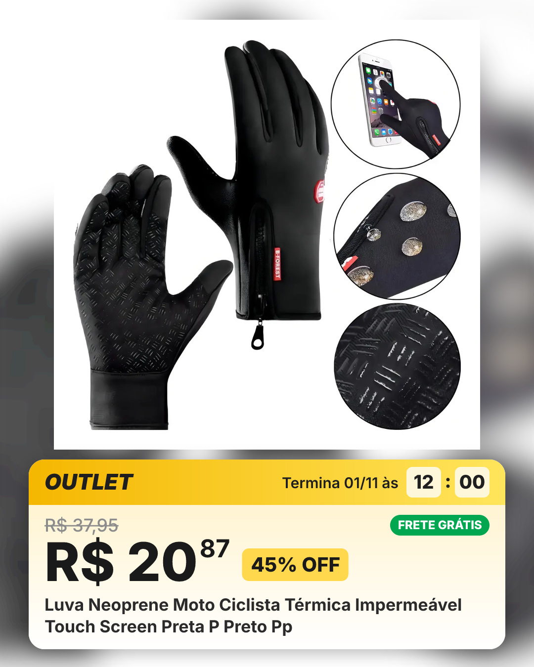 Luva Neoprene Moto Ciclista Térmica Impermeável Touch Screen Preta P Preto Pp