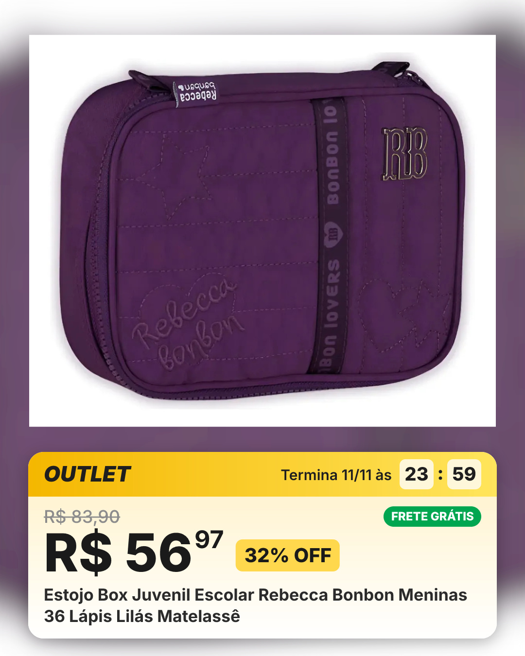 Estojo Box Juvenil Escolar Rebecca Bonbon Meninas 36 Lápis Lilás Matelassê