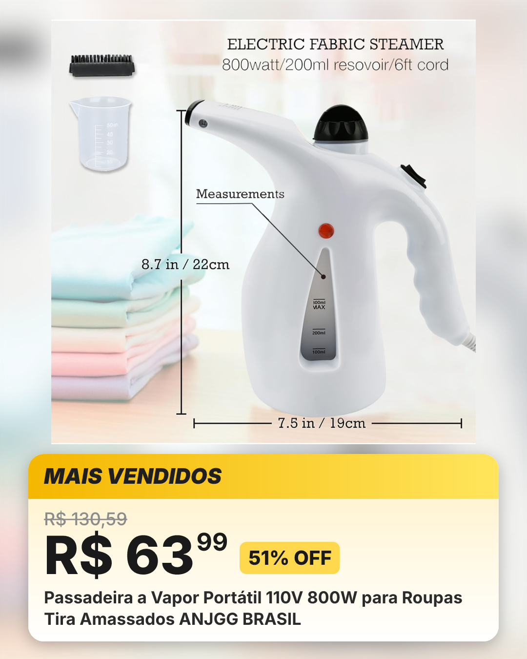 Passadeira a Vapor Portátil 110V 800W para Roupas Tira Amassados ANJGG BRASIL