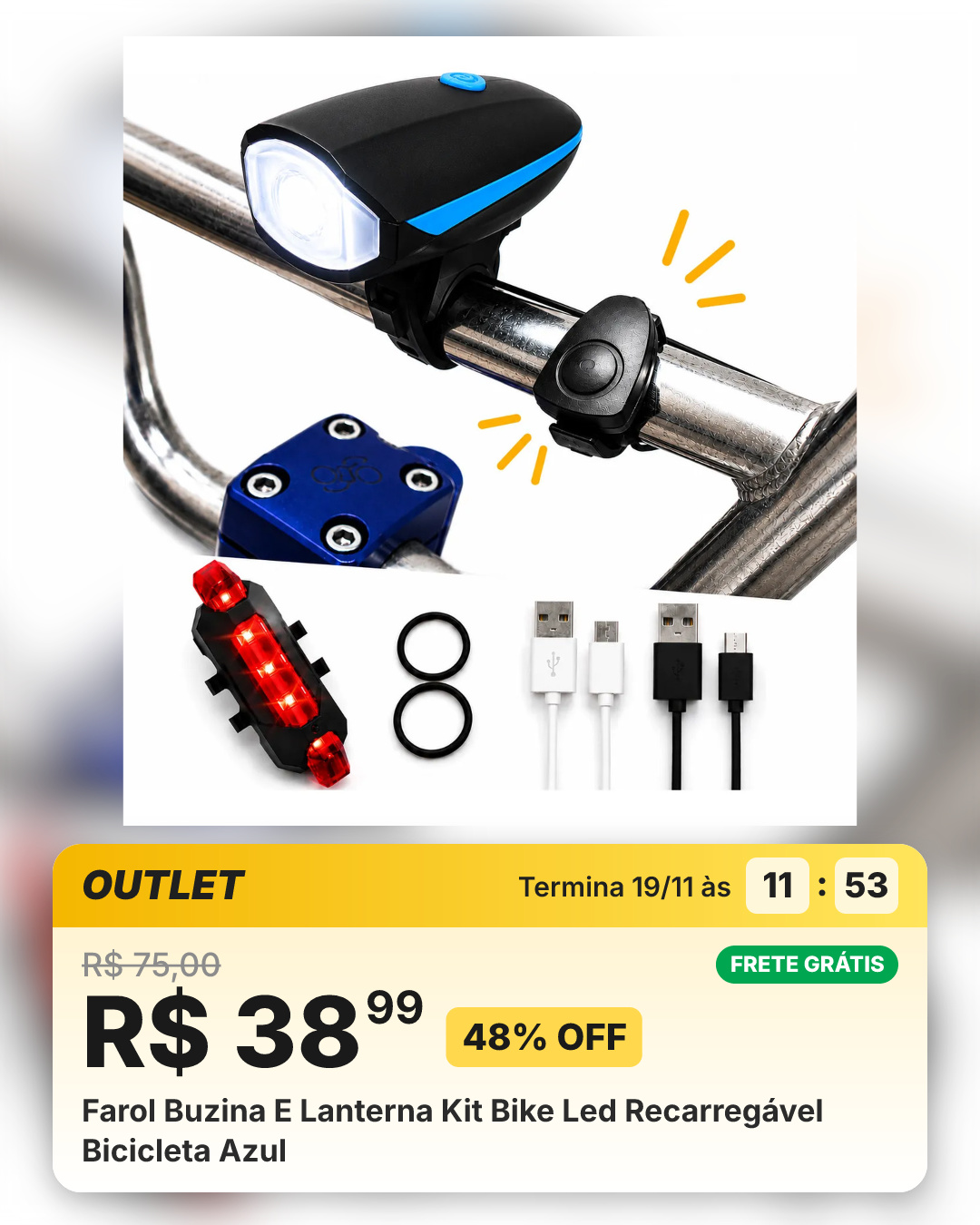 Farol Buzina E Lanterna Kit Bike Led Recarregável Bicicleta Azul