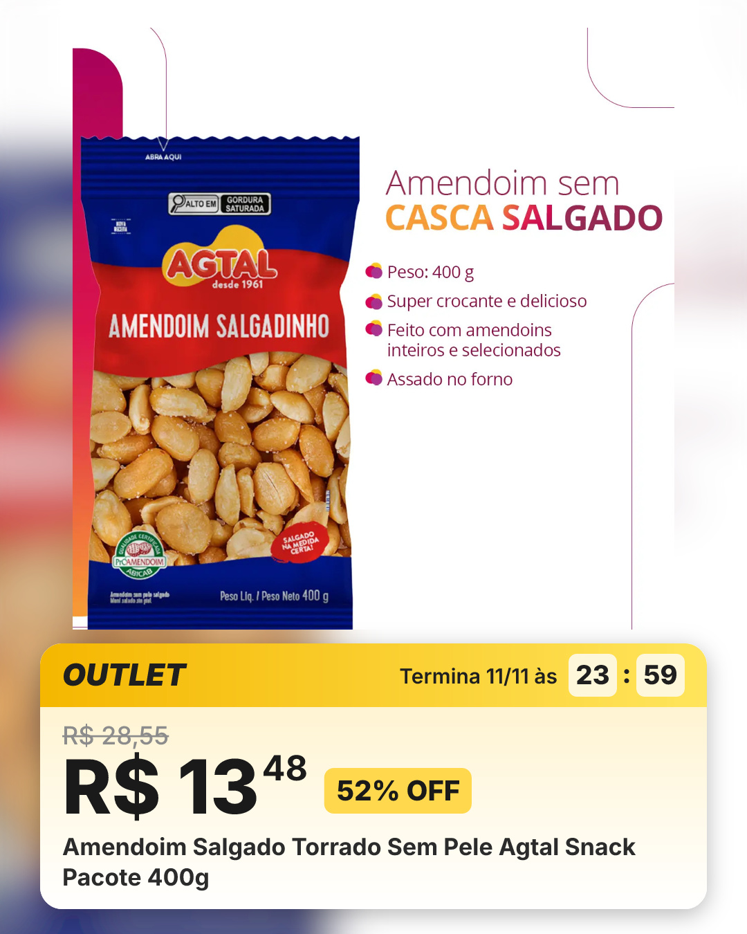 Amendoim Salgado Torrado Sem Pele Agtal Snack Pacote 400g