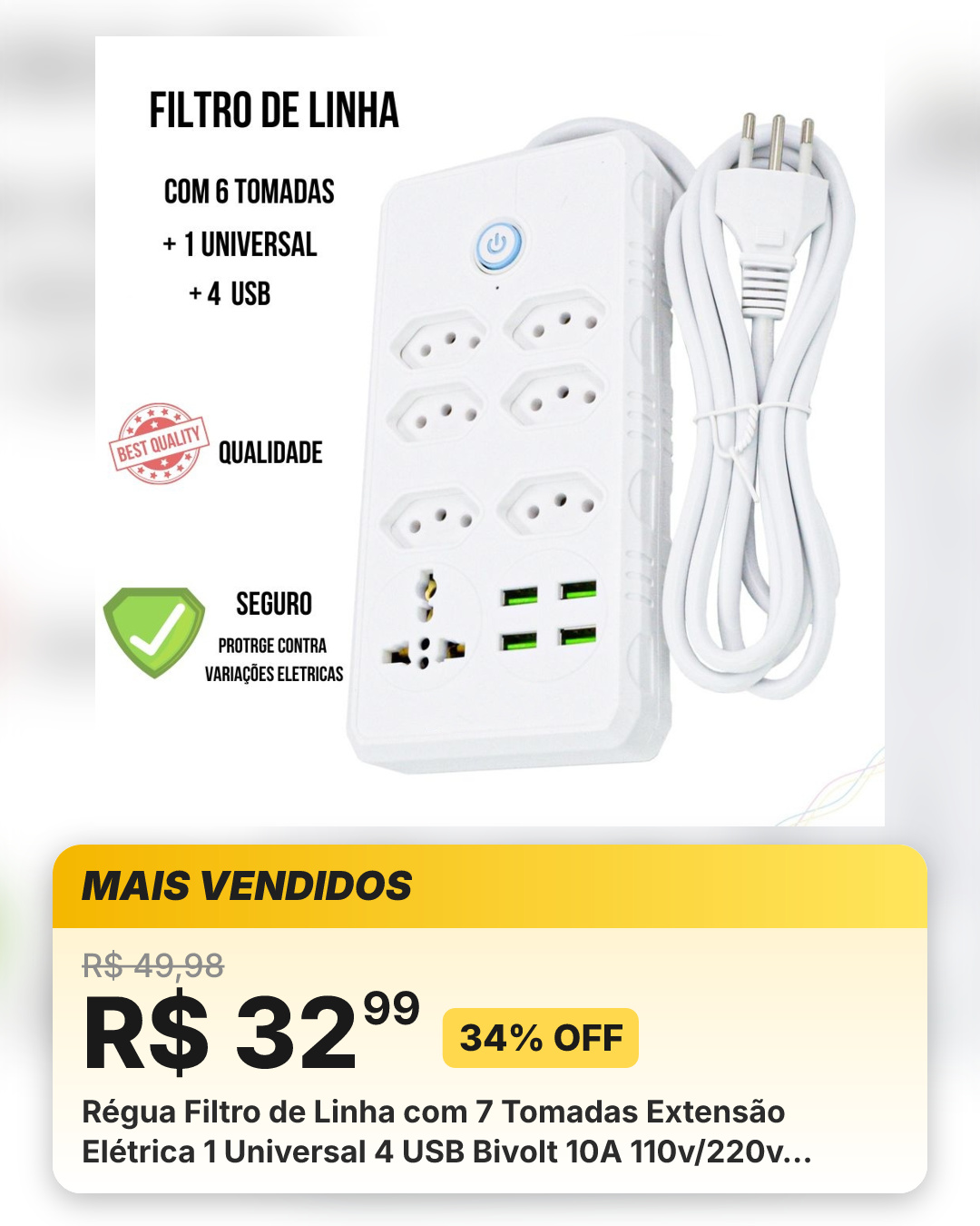 Régua Filtro de Linha com 7 Tomadas Extensão Elétrica 1 Universal 4 USB Bivolt 10A 110v/220v Cabo de 2 Metros Seguro e confiável