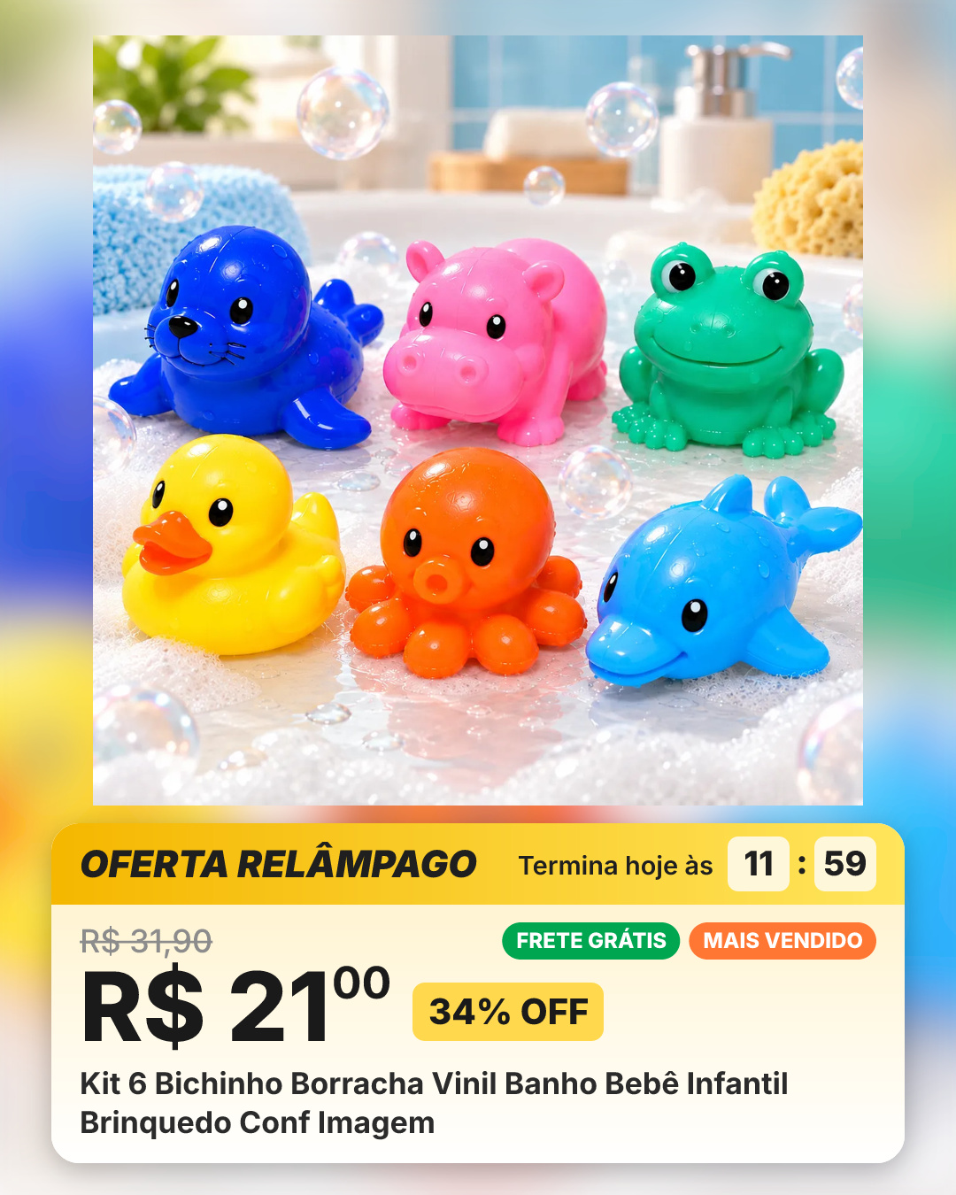 Kit 6 Bichinho Borracha Vinil Banho Bebê Infantil Brinquedo Conf Imagem